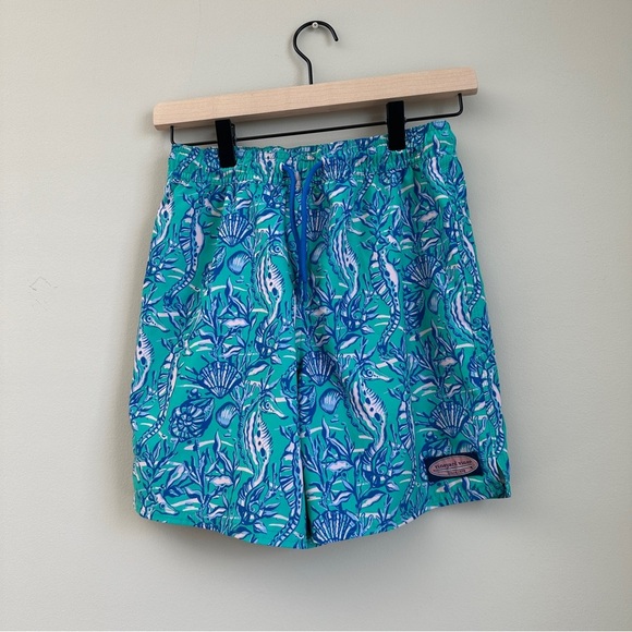 Vineyard Vines Boys Swim Trunks Medium Seahorse Seashell Ocean Print Blue Green - Picture 1 of 7